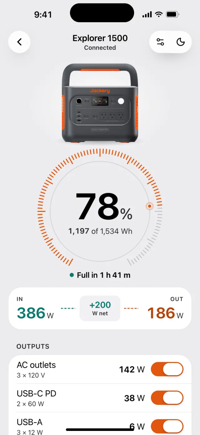 Explorer 1500 detail: a tick gauge at 78%, input and output watts, and port toggles. Day theme.