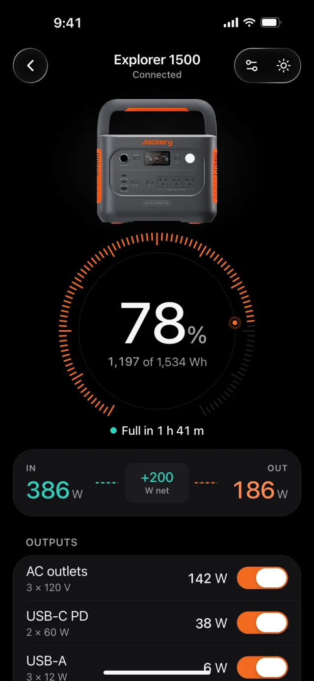 Explorer 1500 detail: a tick gauge at 78%, input and output watts, and port toggles.