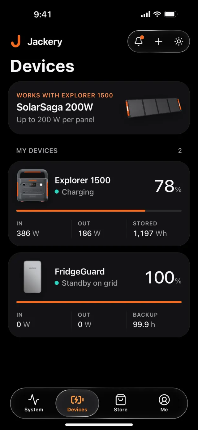 Devices screen: a promo card and two device cards, Explorer 1500 at 78% charging and FridgeGuard at 100%.