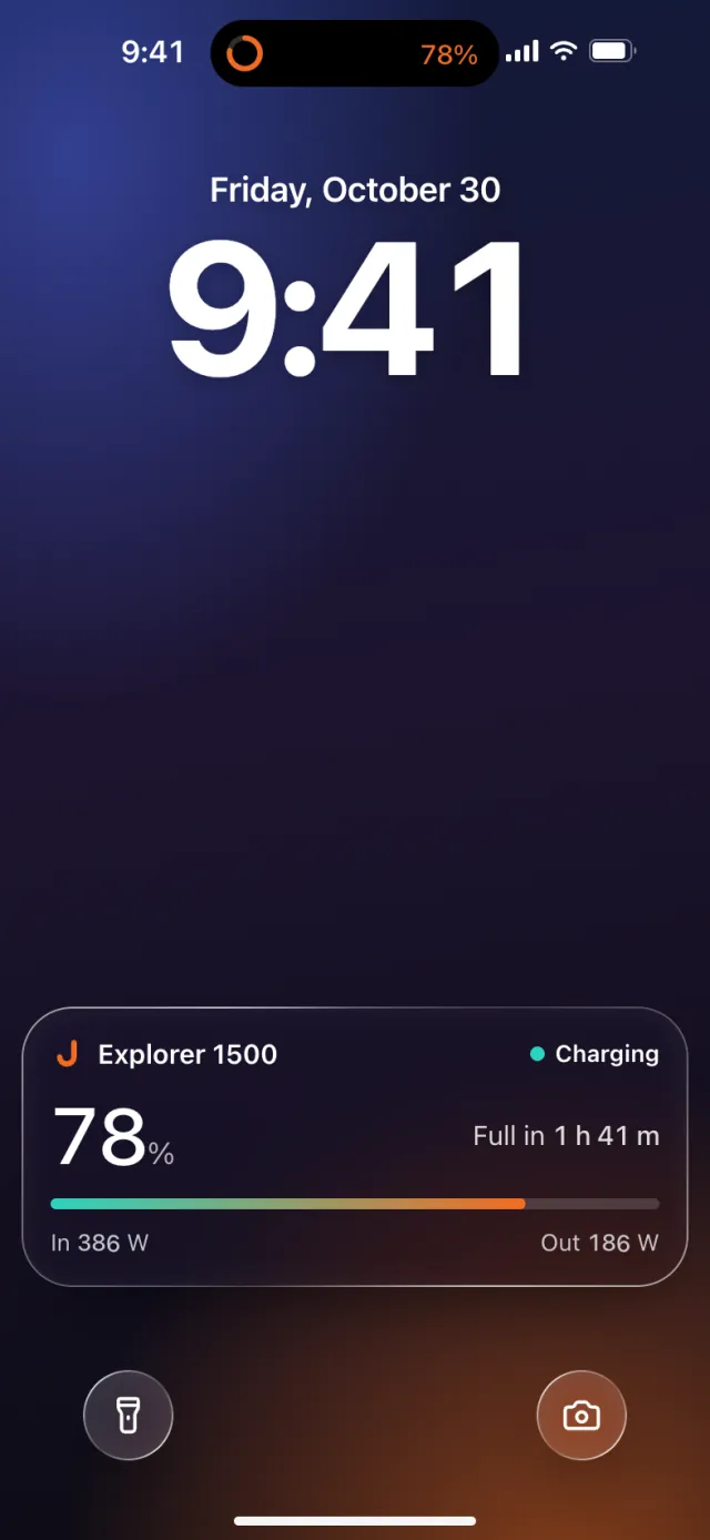 Lock Screen with a charging Live Activity showing 78% and time to full.