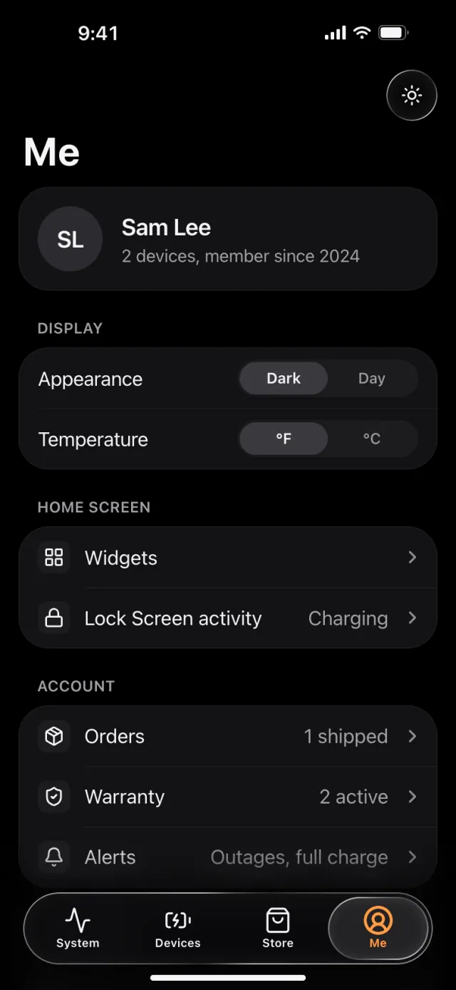 Me: appearance, temperature unit, Home Screen widgets and account.