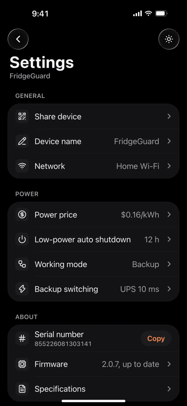 Device settings: grouped rows for general, power and about.