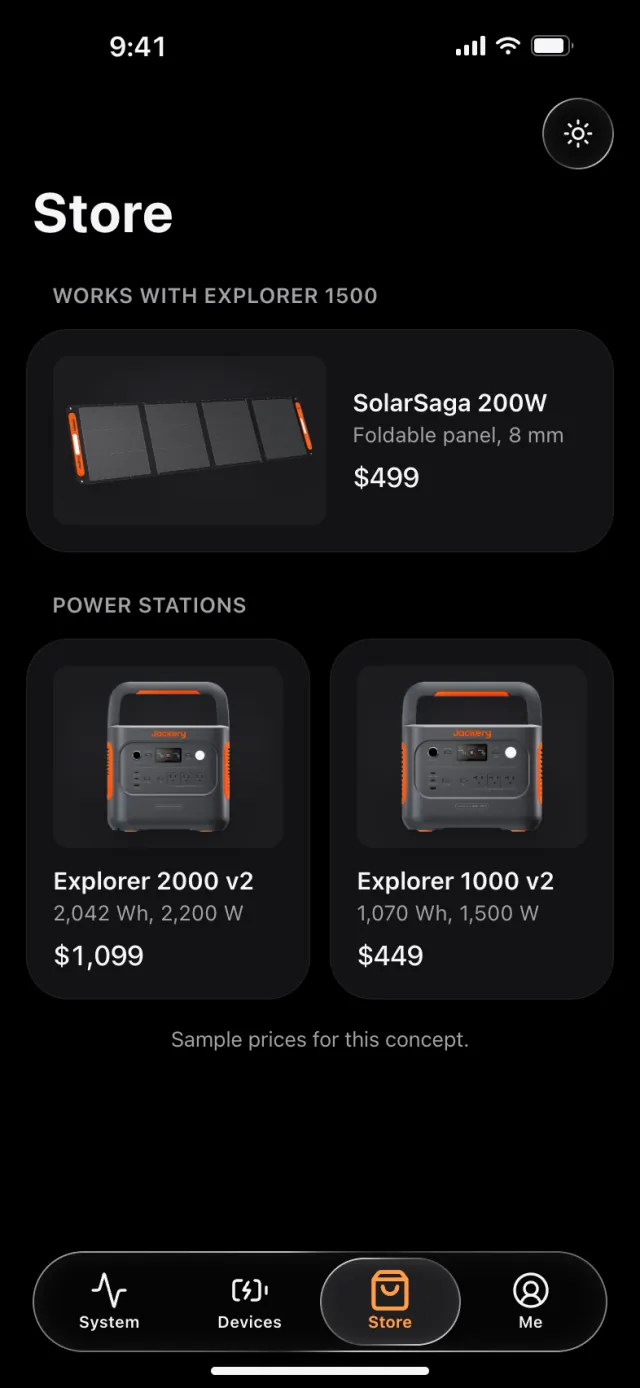 Store: a solar panel and two power stations with photos and prices.