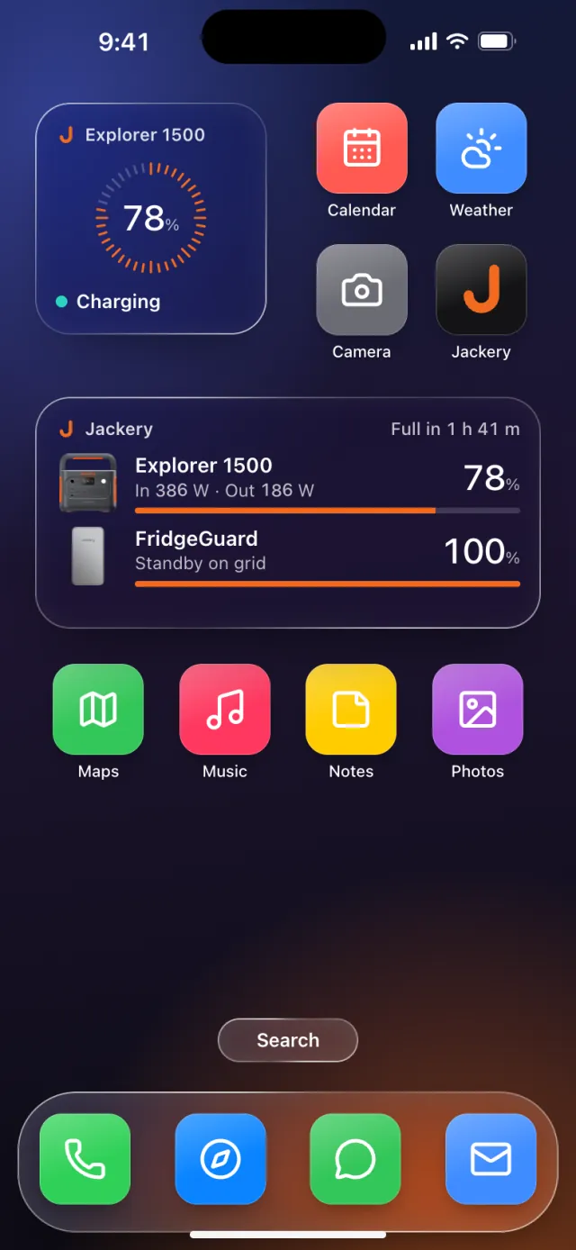iPhone Home Screen with a small charge widget and a medium widget for both devices.