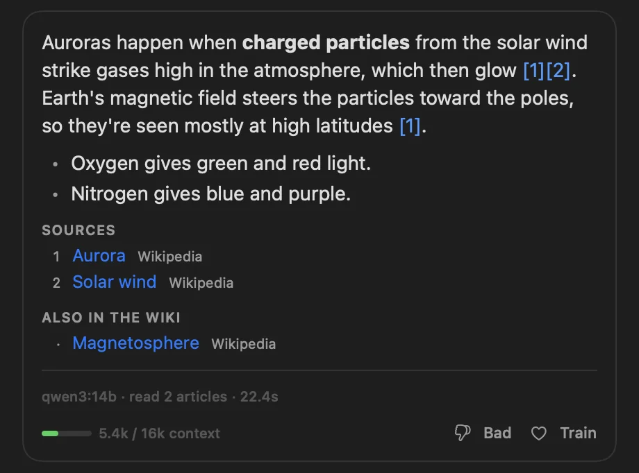 The finished answer about the northern lights, with citations and two Wikipedia sources.