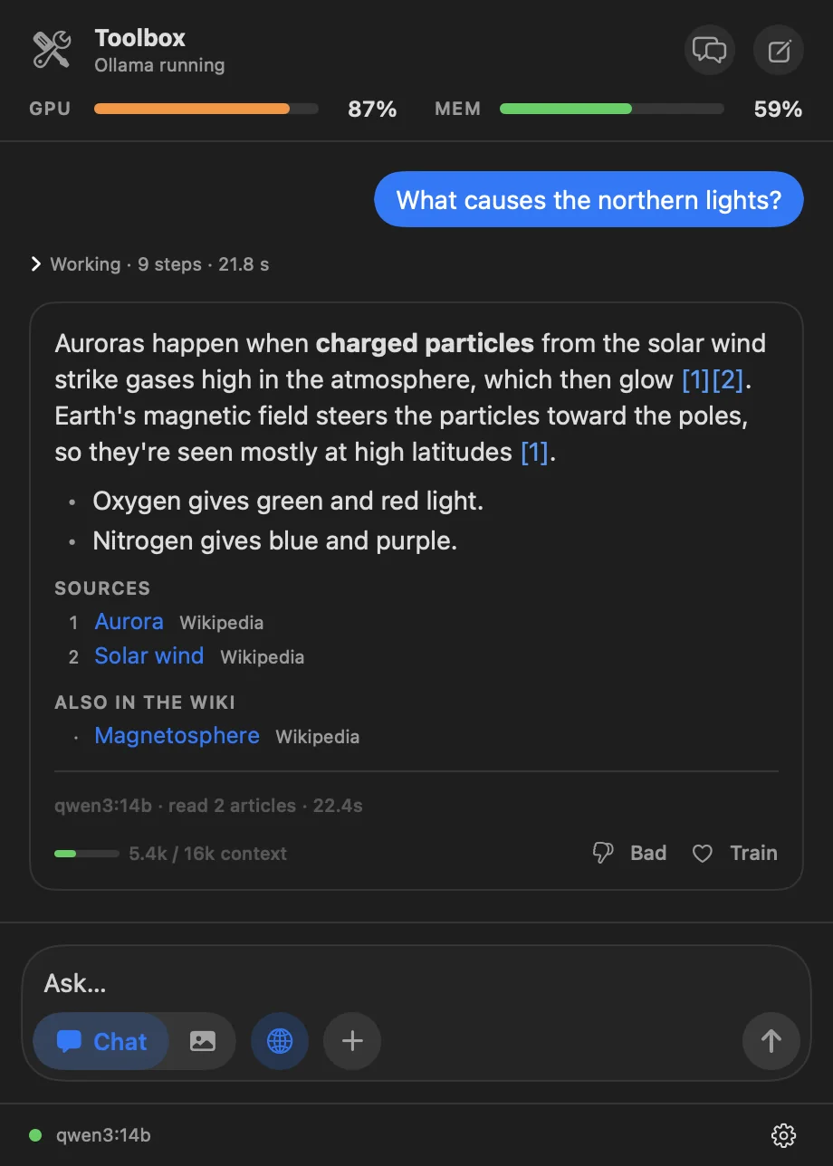 A finished wiki answer: nine steps folded into one line, the answer with numbered citations, two sources and one related article.