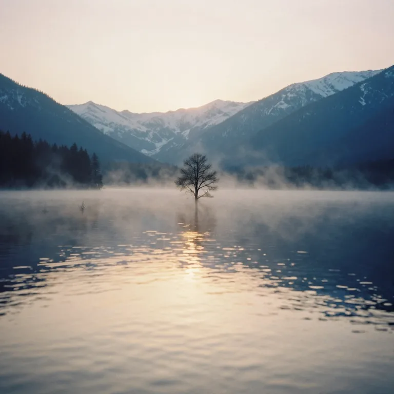 A misty alpine lake at dawn, one bare tree in the water and snowy peaks behind, rendered on the Mac.