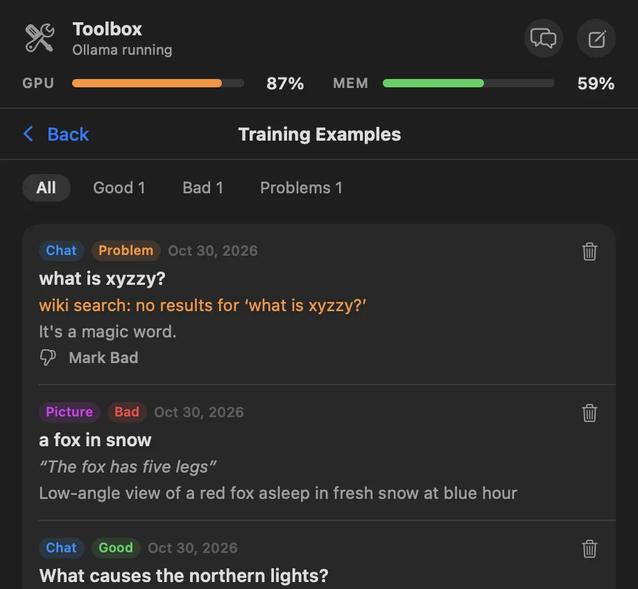 Training Examples: filters for Good, Bad and Problems, a logged problem and a picture marked Bad with a note.